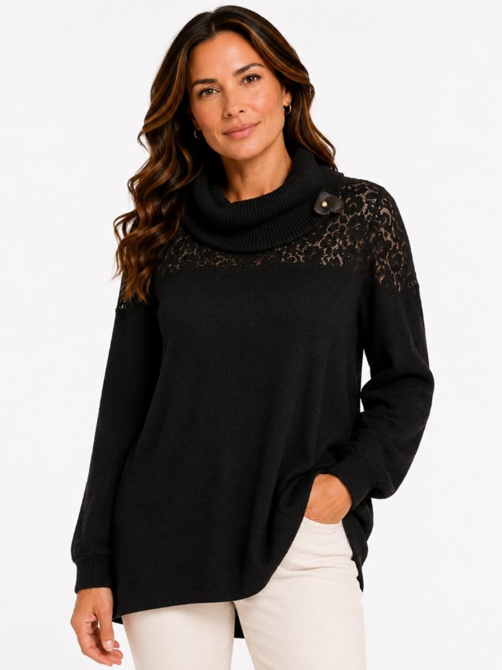 Style & Co Petite Black Lace Yoke Cowl Neck Sweater Tunic PXL